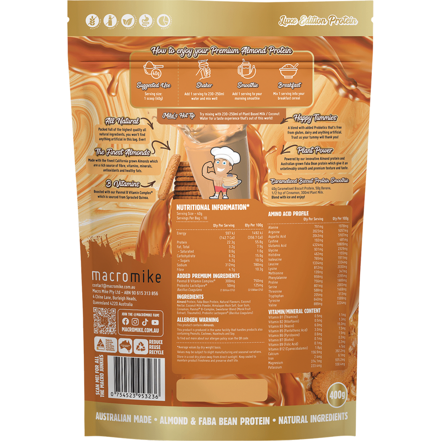 Macro Mike Caramelised Biscuit Premium Almond Protein vegan almond protein powder product package