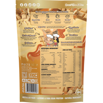 Macro Mike Caramelised White Choc Premium Almond Protein vegan almond protein powder product package
