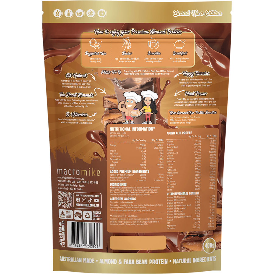 Macro Mike Choc Caramel Bar Premium Almond Protein vegan almond protein powder product package