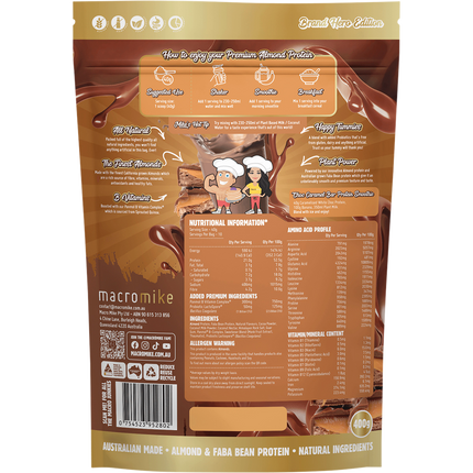Macro Mike Choc Caramel Bar Premium Almond Protein vegan almond protein powder product package