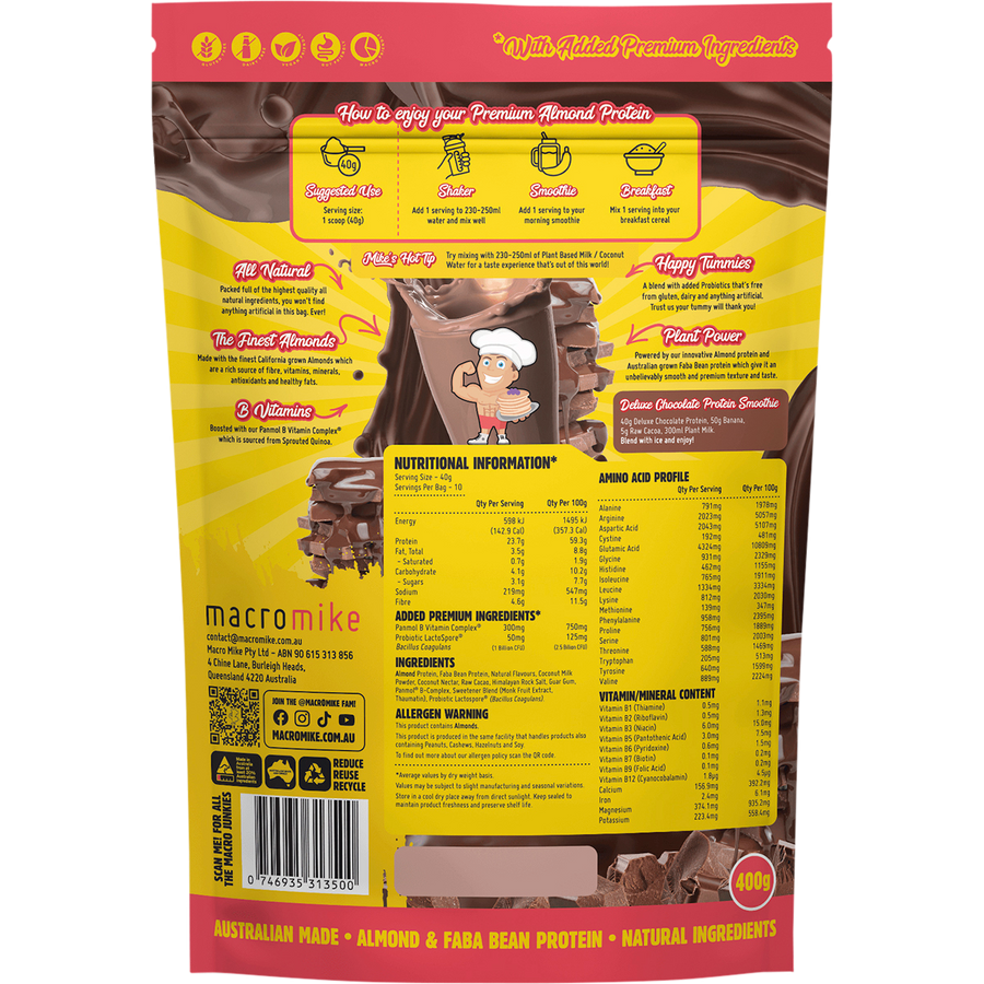 Macro Mike Deluxe Chocolate Premium Almond Protein vegan almond protein powder product package