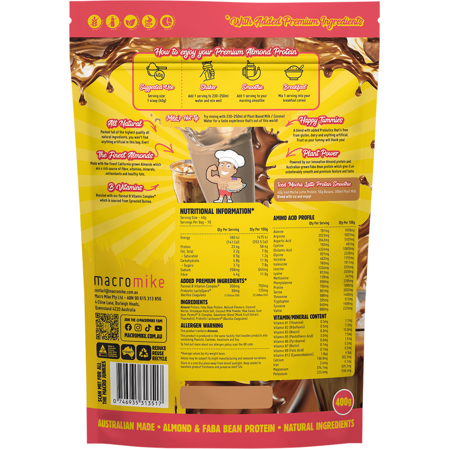 Macro Mike Iced Mocha Latte Premium Almond Protein vegan almond protein powder product package