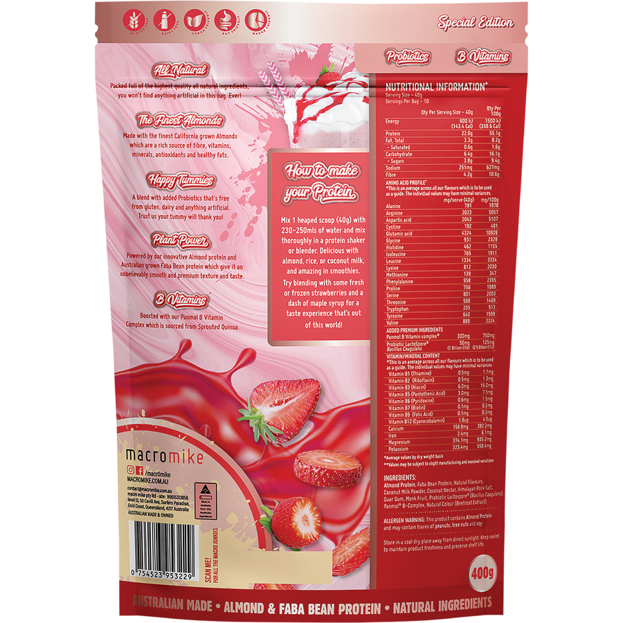 Macro Mike Strawberry Thick Shake Premium Almond Protein vegan almond protein powder product package
