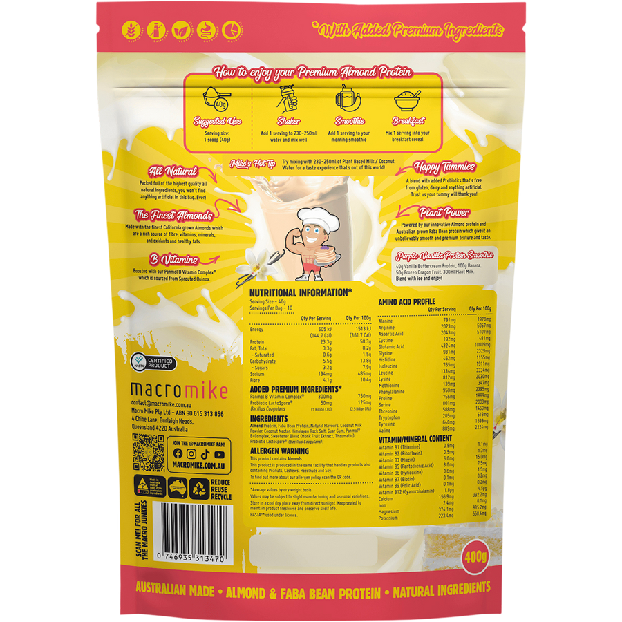 Macro Mike Vanilla Buttercream Premium Almond Protein vegan almond protein powder product package