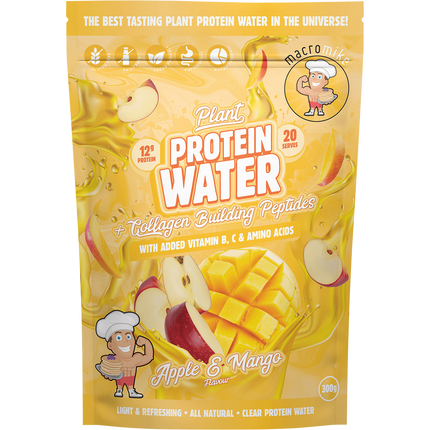  Macro Mike Plant Protein Water in Apple & Mango flavor, a refreshing plant-based protein drink supporting hydration and recovery.