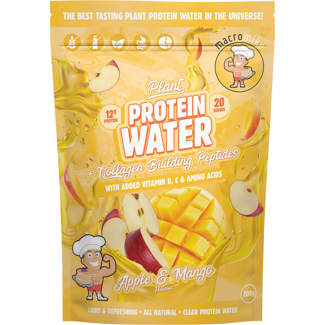  Macro Mike Plant Protein Water in Apple & Mango flavor, a refreshing plant-based protein drink supporting hydration and recovery.