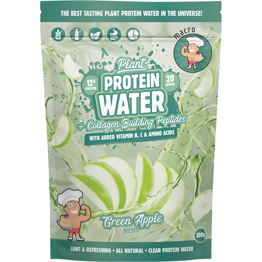 Macro Mike Plant Protein Water in Green Apple flavor, a refreshing plant-based protein drink designed to support hydration and recovery.