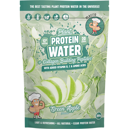 Macro Mike Plant Protein Water in Green Apple flavor, a refreshing plant-based protein drink designed to support hydration and recovery.
