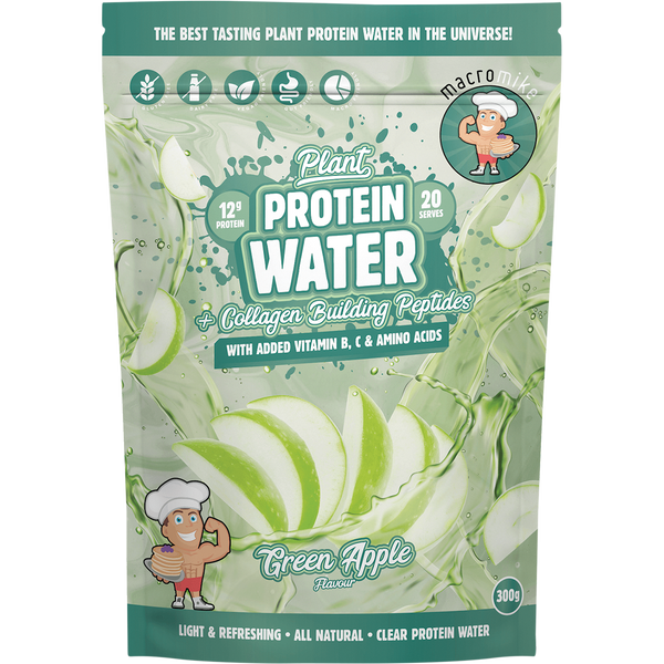 Macro Mike Plant Protein Water in Green Apple flavor, a refreshing plant-based protein drink designed to support hydration and recovery.