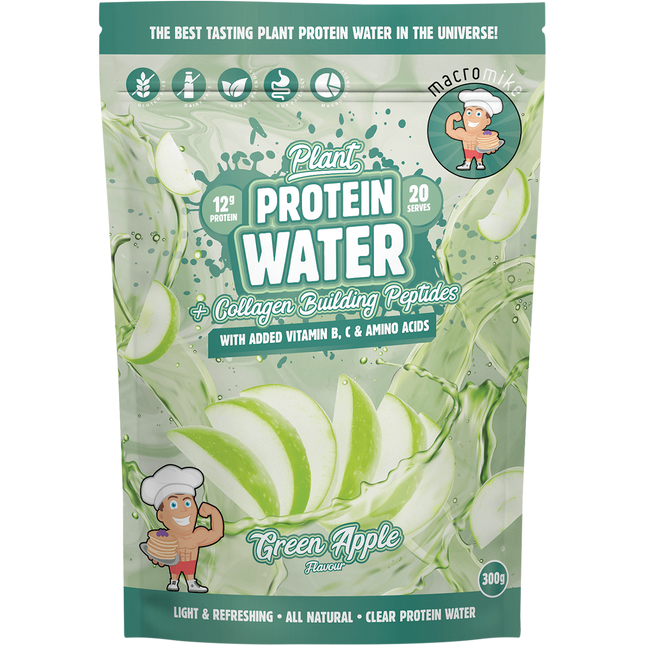 Macro Mike Plant Protein Water in Green Apple flavor, a refreshing plant-based protein drink designed to support hydration and recovery.