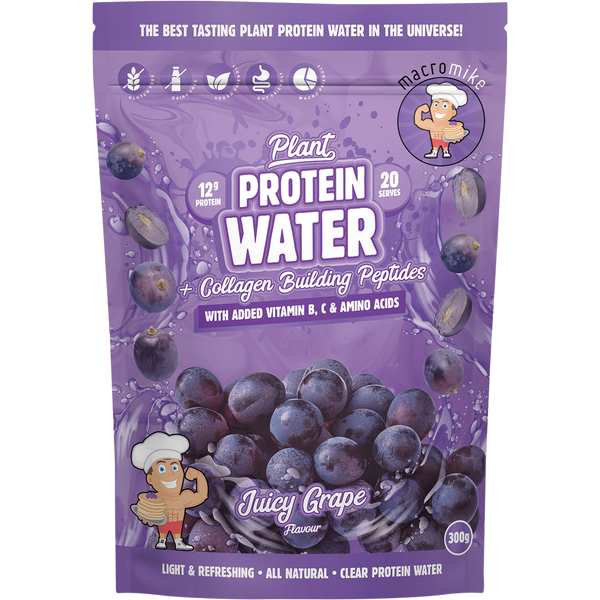 Macro Mike Plant Protein Water in Juicy Grape flavor, a refreshing plant-based protein drink designed for hydration and recovery.