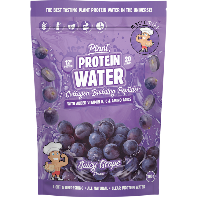 Macro Mike Plant Protein Water in Juicy Grape flavor, a refreshing plant-based protein drink designed for hydration and recovery.
