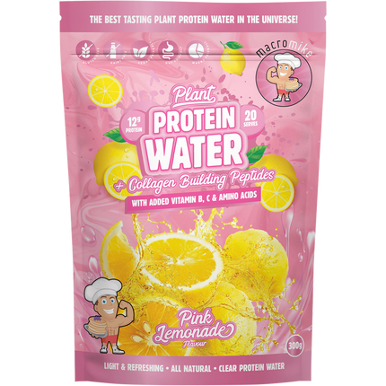 Macro Mike Plant Protein Water in Pink Lemonade flavor, a refreshing plant-based protein drink supporting hydration and muscle recovery.