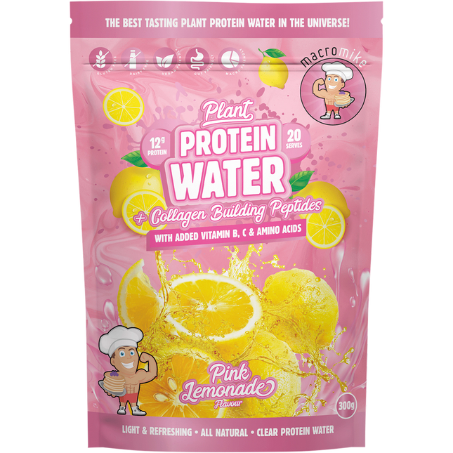 Macro Mike Plant Protein Water in Pink Lemonade flavor, a refreshing plant-based protein drink supporting hydration and muscle recovery.