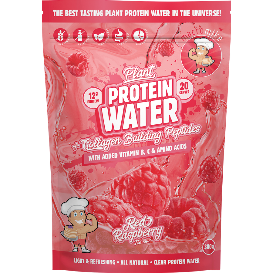 Macro Mike Plant Protein Water in Red Raspberry flavor, a refreshing plant-based protein drink supporting hydration and muscle recovery.