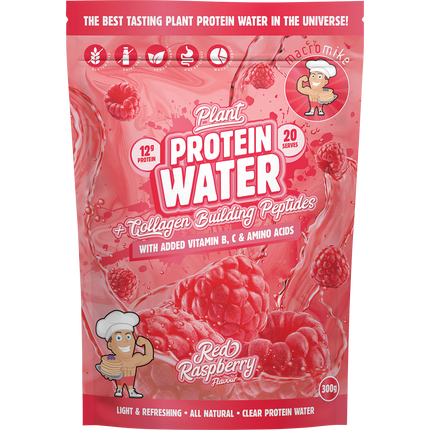 Macro Mike Plant Protein Water in Red Raspberry flavor, a refreshing plant-based protein drink supporting hydration and muscle recovery.