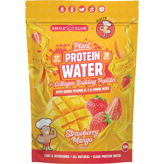 Macro Mike Plant Protein Water in Strawberry Mango flavor, a refreshing plant-based protein drink supporting hydration and recovery.