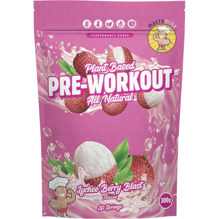 Macro Mike Pre Workout in Lychee Berry flavor, formulated to boost energy, focus, and workout performance.