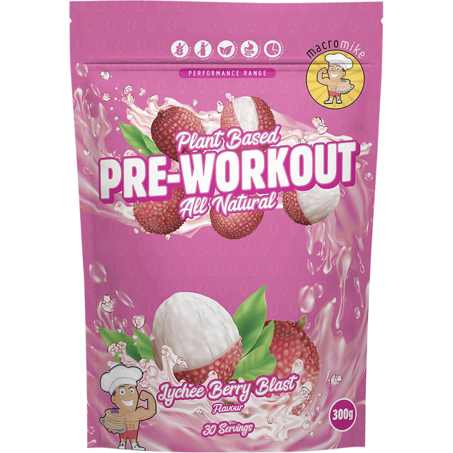 Macro Mike Pre Workout in Lychee Berry flavor, formulated to boost energy, focus, and workout performance.