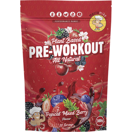 Macro Mike Pre Workout in Tropical Mixed Berry flavor, formulated to boost energy, focus, and workout performance.