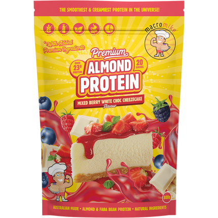 Macro Mike Premium Almond Protein Berry White Choc Cheezecake plant-based almond protein powder pack