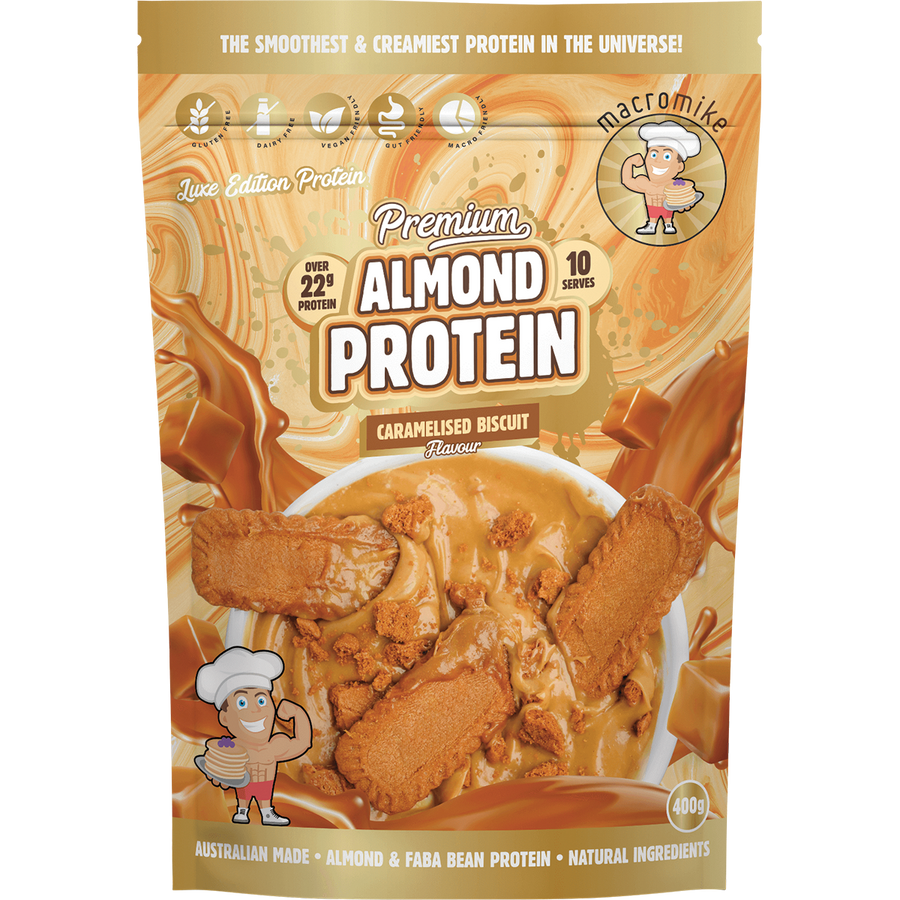 Macro Mike Premium Almond Protein Caramelised Biscuit plant-based almond protein powder pack