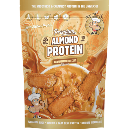 Macro Mike Premium Almond Protein Caramelised Biscuit plant-based almond protein powder pack