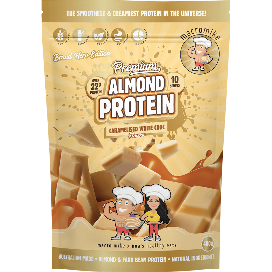 Macro Mike Premium Almond Protein Caramelised White Choc plant-based almond protein powder pack