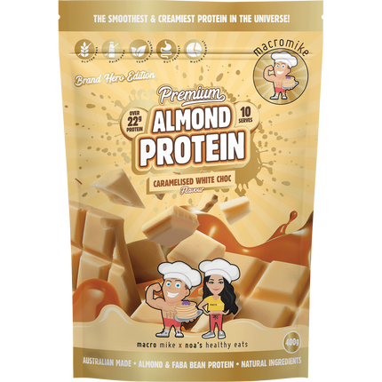 Macro Mike Premium Almond Protein Caramelised White Choc plant-based almond protein powder pack