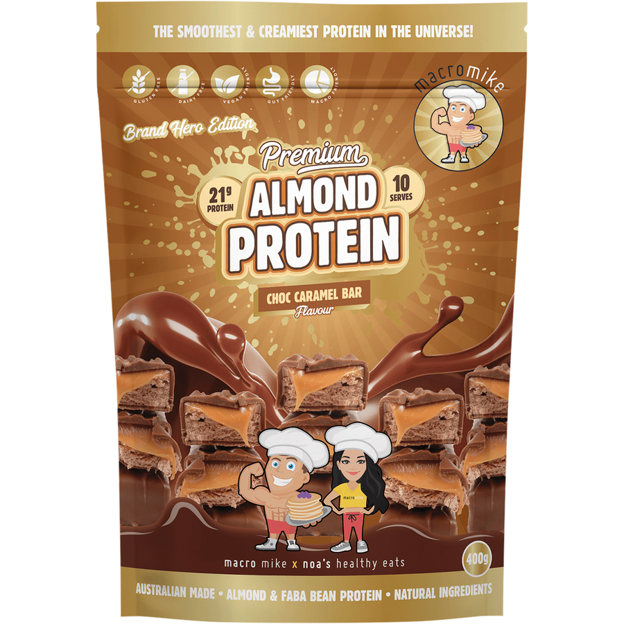 Macro Mike Premium Almond Protein Choc Caramel Bar plant-based almond protein powder pack