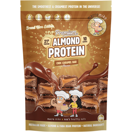 Macro Mike Premium Almond Protein Choc Caramel Bar plant-based almond protein powder pack