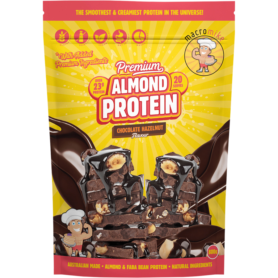 Macro Mike Premium Almond Protein Choc Hazelnut plant-based almond protein powder pack