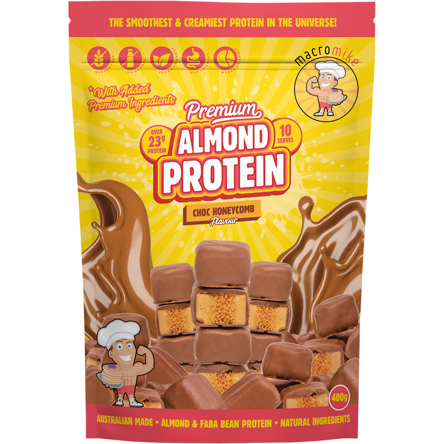 Macro Mike Premium Almond Protein Choc Honeycomb plant-based almond protein powder pack