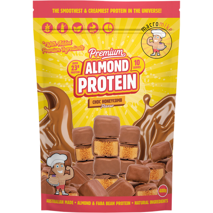 Macro Mike Premium Almond Protein Choc Honeycomb plant-based almond protein powder pack