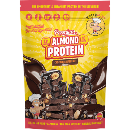 Macro Mike Premium Almond Protein Chocolate Hazelnut plant-based almond protein powder pack