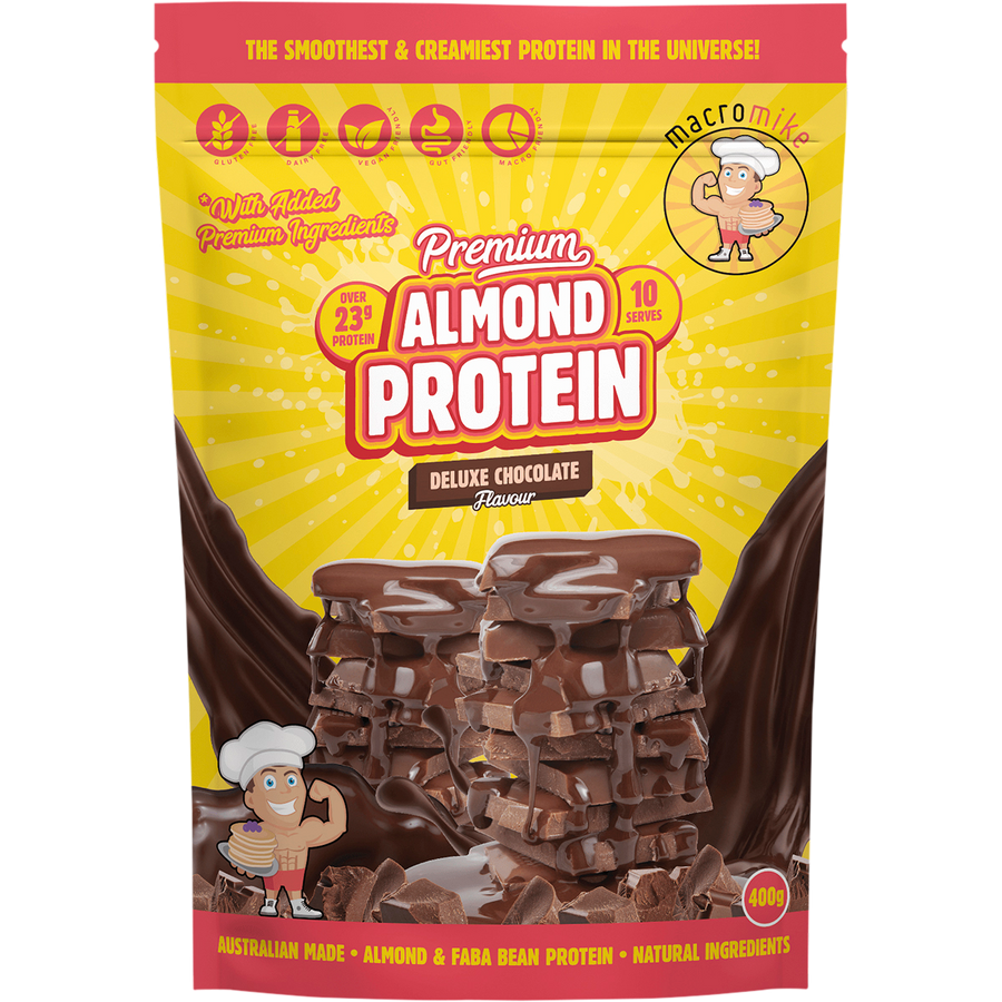 Macro Mike Premium Almond Protein Deluxe Chocolate plant-based almond protein powder pack