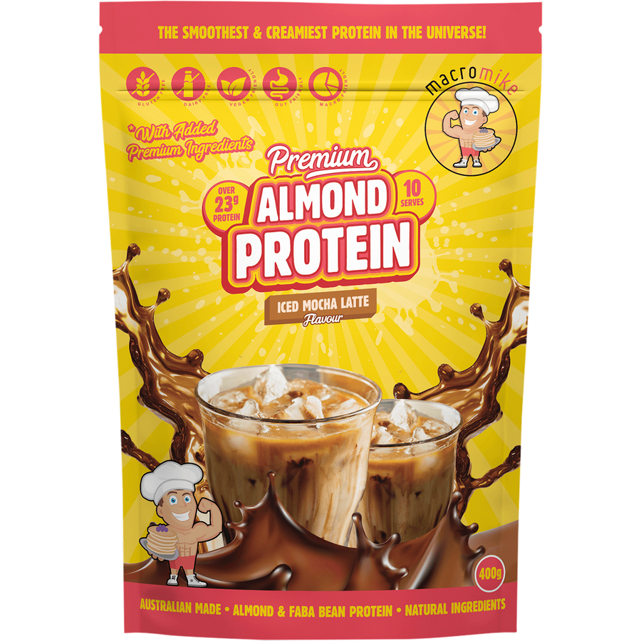 Macro Mike Premium Almond Protein Iced Mocha Latte plant-based almond protein powder pack