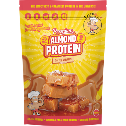 Macro Mike Premium Almond Protein Salted Caramel plant-based almond protein powder pack