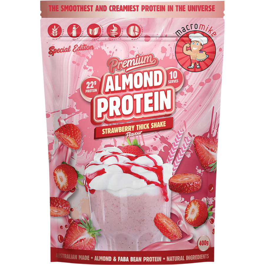 Macro Mike Premium Almond Protein Strawberry Thick Shake plant-based almond protein powder pack