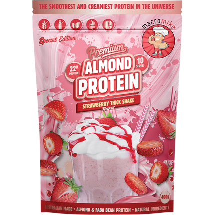Macro Mike Premium Almond Protein Strawberry Thick Shake plant-based almond protein powder pack