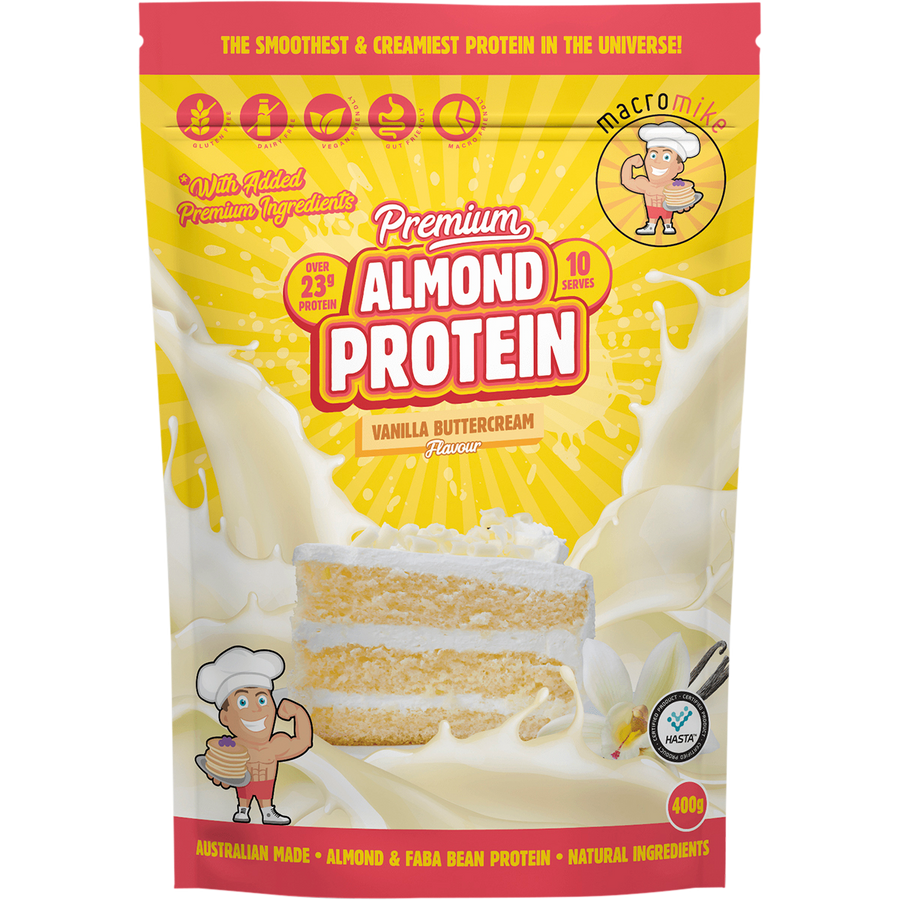 Macro Mike Premium Almond Protein Vanilla Buttercream plant-based almond protein powder pack