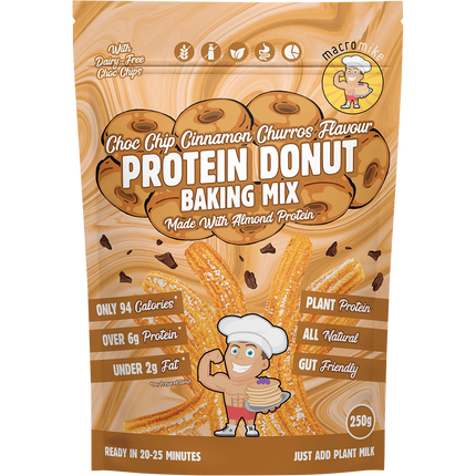 Macro Mike Protein Donut Baking Mix Choc Chip Cinnamon Churros plant-based high-protein donut mix pack.