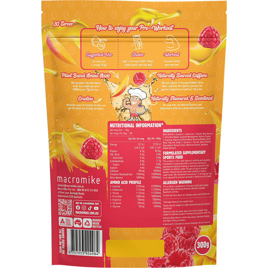 Raspberry Mango Tango Plant Based Pre Workout from Macro Mike, ideal for enhancing endurance, energy levels, and exercise performance.