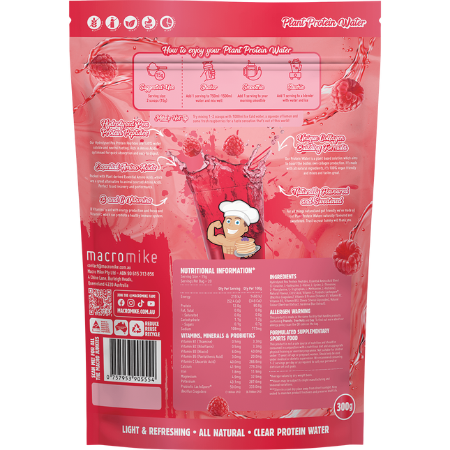 Red Raspberry Plant Protein Water from Macro Mike, ideal for hydration, plant-based protein intake, and active lifestyles.