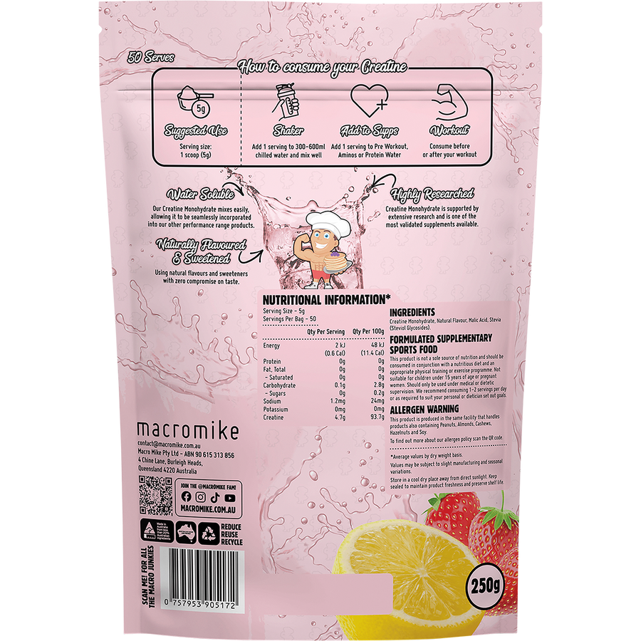 Strawberry Lemonade Plant Based Creatine Monohydrate by Macro Mike, a refreshing supplement designed to enhance workout performance and power.