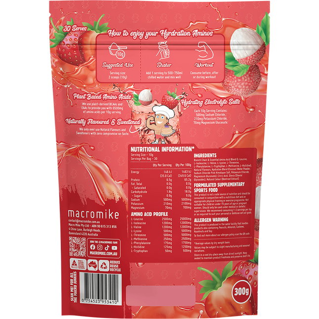 Strawberry Lychee Plant-Based Hydration Aminos from Macro Mike, ideal for electrolyte balance, recovery, and active lifestyles.
