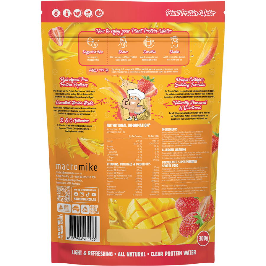 Strawberry Mango flavored Plant Protein Water by Macro Mike, delivering fruity hydration with vegan protein support.