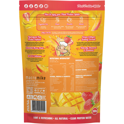 Strawberry Mango flavored Plant Protein Water by Macro Mike, delivering fruity hydration with vegan protein support.