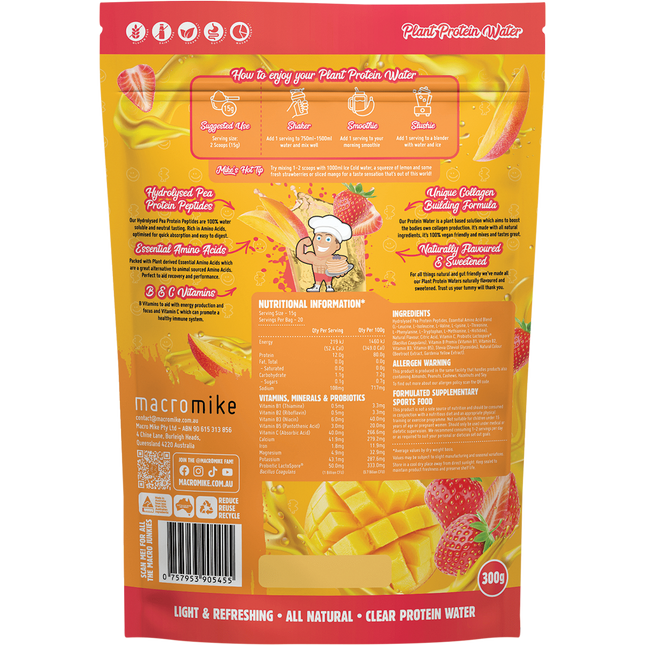 Strawberry Mango flavored Plant Protein Water by Macro Mike, delivering fruity hydration with vegan protein support.