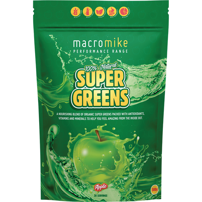 Macro Mike Super Greens in Apple flavor, a nutrient-dense greens blend supporting digestion, energy, and overall wellness.